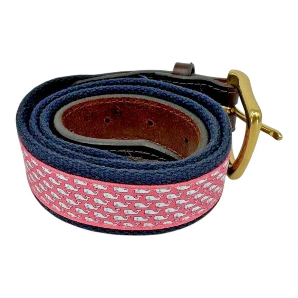 Vineyard Vines Men's Blue Woven Cotton Pink Canvas Whale Logo Golf Belt Size S/M